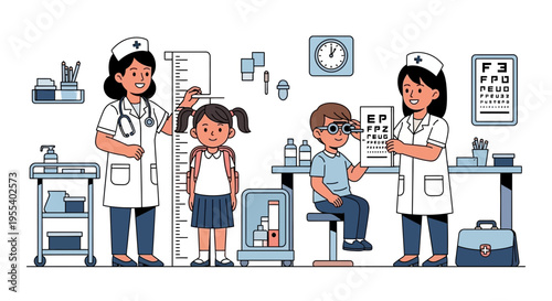 Pediatric Health Check: Doctor Measuring Child Height, Boy Eye Exam