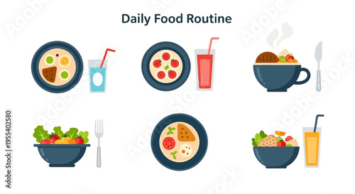 Healthy Daily Food Routine Icons: Breakfast, Lunch, Dinner Meals & Drinks