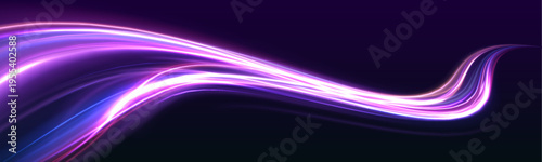 Neon laser motion lines swirl along city road and highway traffic at night. Blue light forms speed and flow, while violet wave energy and purple glow create a futuristic trail. Vector illustration.