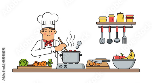 Happy Chef Cooking Delicious Food in Kitchen with Fresh Ingredients and Utensils
