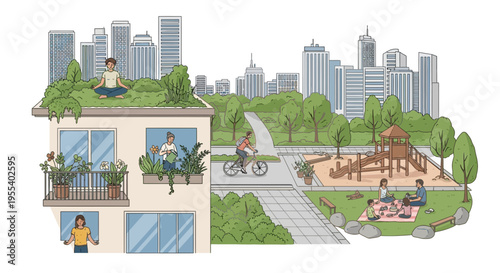 Urban Green Living: Rooftop Garden, Balcony Plants, Park Life & Cityscape