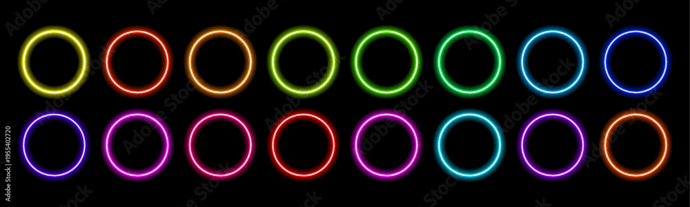 Fototapeta premium Gradient neon circle frames set. Glowing borders isolated on a dark background. Colorful night electric banner, vector light effect. Bright illuminated shape.