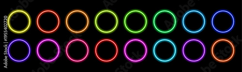Gradient neon circle frames set. Glowing borders isolated on a dark background. Colorful night electric banner, vector light effect. Bright illuminated shape.