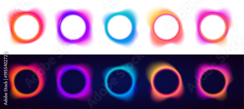 Circle color neon portal tunnel PNG vector with liquid gradient glow. Luminous shape forms smooth fluid rings inside abstract frame. Futuristic digital energy vortex.
