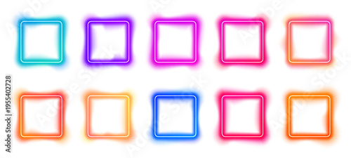 Neon square collection. Futuristic neon lights. Color glowing frames. Shiny light effects. Square electric LED frame with gradient and glow borders. Futuristic box layout in PNG. Vector illustration.