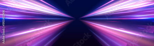 Neon laser color lines swirl through city road and highway traffic. Light blue, purple motion futuristic wave of energy and speed, forming a glowing trail along every line. Vector illustration.