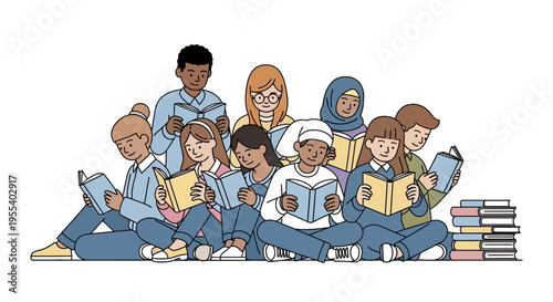 Diverse children reading books together, illustration, learning, imagination, education, childhood, unity