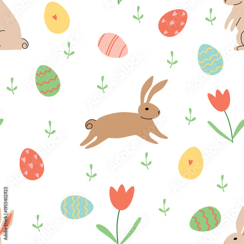 Easter seamless pattern with bunny, eggs, and flowers. Vector illustration
