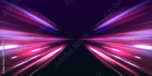 Futuristic neon laser line move across city highway, road traffic in dark atmosphere. Blue light wave drives motion speed, while purple energy, violet trail form a swirl effect. Vector illustration.