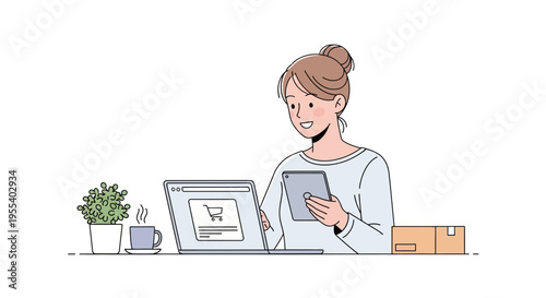 Woman shopping online on laptop and tablet, coffee, plant, package delivery, e-commerce concept