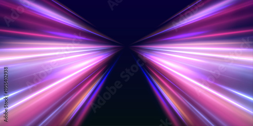 Neon laser color lines swirl through city road and highway traffic. Light blue, purple motion futuristic wave of energy and speed, forming a glowing trail along every line. Vector illustration.