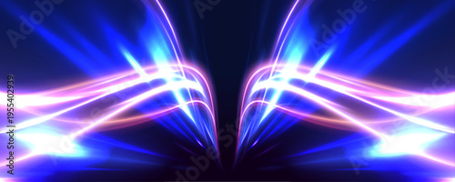 Neon laser blue lines swirl through city road, highway traffic at night. Purple light motion builds futuristic energy speed, while violet glow creates flowing trail in dark space. Vector illustration.