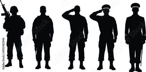 Military soldier silhouettes with saluting poses and armed personnel, army uniform figures collection, defense service vector illustration isolated on white background