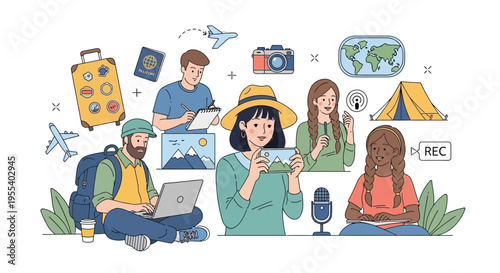 Diverse Travelers Planning Adventures, Capturing Memories with Gadgets