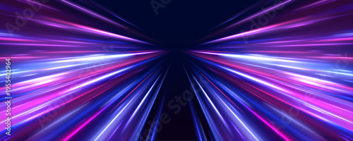 Futuristic neon laser line move across city highway, road traffic in dark atmosphere. Blue light wave drives motion speed, while purple energy, violet trail form a swirl effect. Vector illustration.