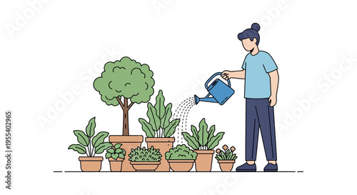 Gardener watering potted plants illustration, home gardening, green houseplants, flat design