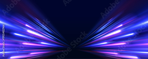 Neon laser blue, purple lines swirl through city road and highway traffic. Light motion creates a futuristic wave of energy and speed, forming a glowing trail along every line. Vector illustration.