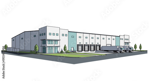 Modern Warehouse Building with Loading Docks and Truck
