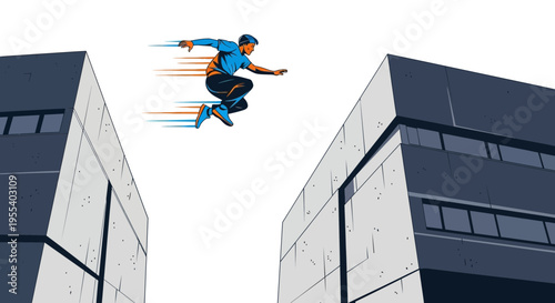 Man parkour jumping between buildings, urban athlete defying gravity, dynamic action shot