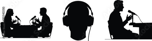 Podcast interview and broadcasting silhouette set featuring host guest microphones and headphones isolated collection for media radio talk show design