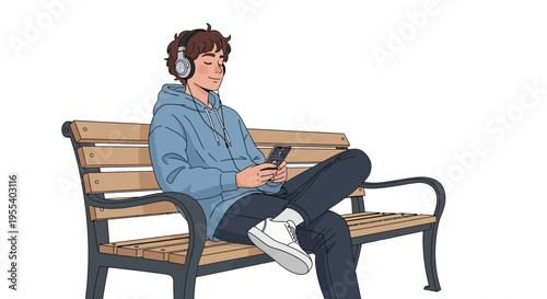 Young man with headphones listening to music on phone while sitting on park bench