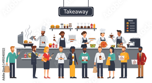 People queueing for takeaway food order at counter with chefs preparing meals