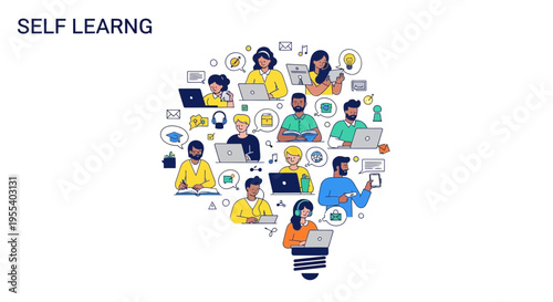 Diverse group of people learning online within a light bulb shape, representing self-education and knowledge.