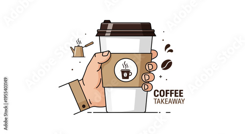 Hand holding takeaway coffee cup with steam, coffee beans, and kettle illustration