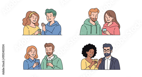 Diverse couples and friends interacting with mobile phones, illustration set