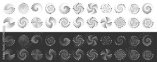 Round halftone circle design with abstract dotted patterns, geometric dots, pop art gradient texture. Dotted frame, logo. Half tones vector design element. Soft spray effect adds motion.