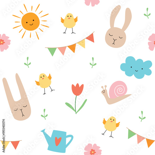 Childrens seamless pattern with bunny, flags, chicks and flowers. Vector illustration