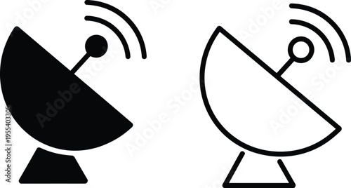 Satellite dish icon set with solid and outline styles, communication antenna symbols, signal transmission technology vector isolated on white background