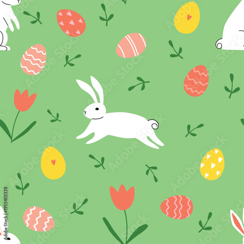 Easter seamless pattern with bunny, eggs, and flowers on green background. Vector illustration