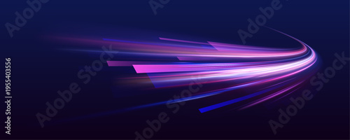 Violet light wave, tail energy speed, while blue glow, purple trail create swirl motion. Futuristic neon laser motion line city highway, road traffic in dark atmosphere. Vector illustration.