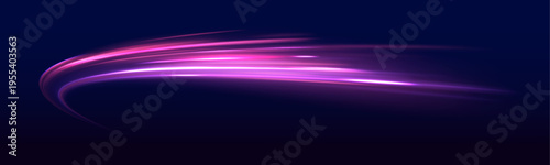 Neon laser lines swirl through city road, highway traffic at night. Blue light wave, tail motion, speed, while purple energy, violet trail form luminous flow in dark scene. Vector illustration.