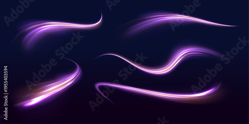 Futuristic neon laser speed lines cross city highway, road traffic in dark space. Purple light motion shapes energy, while blue wave, violet trail build glowing swirl direction. Vector illustration.
