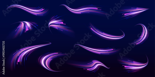 Futuristic neon laser speed lines cross city highway, road traffic in dark space. Purple light motion shapes energy, while blue wave, violet trail build glowing swirl direction. Vector illustration.