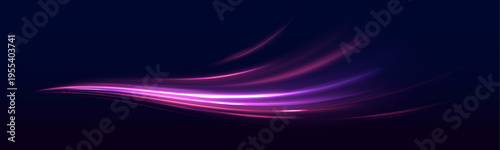 Neon laser lines swirl through city road, highway traffic at night. Blue light wave, tail motion, speed, while purple energy, violet trail form luminous flow in dark scene. Vector illustration.