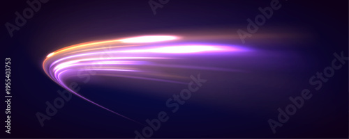 Futuristic neon laser speed lines cross city highway, road traffic in dark space. Purple light motion shapes energy, while blue wave, violet trail build glowing swirl direction. Vector illustration.