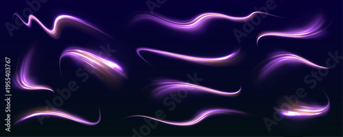 Neon laser lines swirl through city road, highway traffic at night. Blue light wave, tail motion, speed, while purple energy, violet trail form luminous flow in dark scene. Vector illustration.