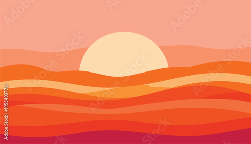 Sunset occurs over sandy dunes landscape with vibrant orange hues and a large sun