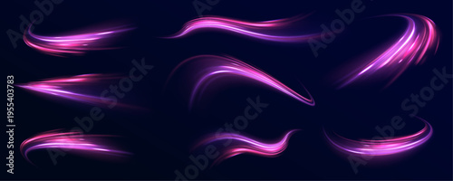 Futuristic neon laser speed lines cross city highway, road traffic in dark space. Purple light motion shapes energy, while blue wave, violet trail build glowing swirl direction. Vector illustration.