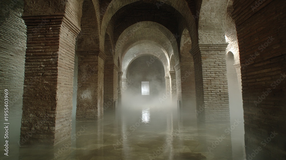 Fototapeta premium bathhouse. Steamy Roman bathhouse interior with arched corridors and soft light on water. real-estate listings.