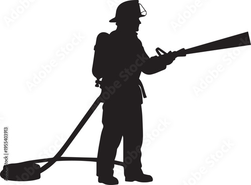 Firefighter with nozzle and tank silhouette illustration vector