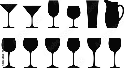 Wine glass silhouettes collection with cocktail, beer and jug shapes, bar drinkware icon set, beverage glasses vector isolated on white background