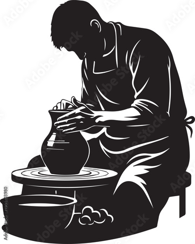Skilled craftsman making clay pottery wheel silhouette vector illustration ceramic line art