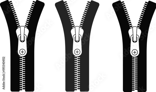 Zipper open and closed set, clothing fastener variations, apparel zip detail, fashion accessory vector illustration isolated on white background design