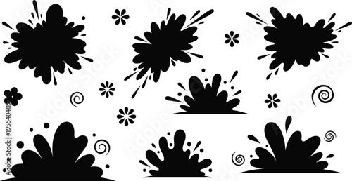 Abstract black ink splatter set isolated on white background, grunge splash shapes collection, paint blot elements for design, vector style illustration