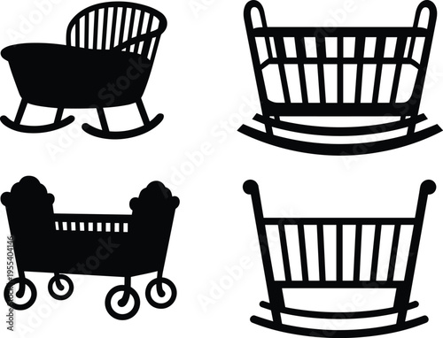 Baby cradle and rocking bassinet silhouettes set with vintage nursery furniture icons for newborn sleep, childcare and parenting design