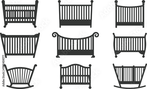 Baby crib and cradle silhouette collection including rocking bassinet infant beds and nursery furniture isolated black vector set for design